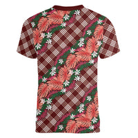 Polynesian Monstera Tiare Floral Women V-Neck T-Shirt Burgundy Tropical Plaid - Polynesian Pride