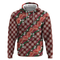 Polynesian Monstera Tiare Floral Zip Hoodie Burgundy Tropical Plaid - Polynesian Pride