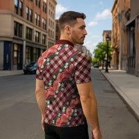 Polynesian Monstera Tiare Floral Zipper Polo Shirt Burgundy Tropical Plaid - Polynesian Pride