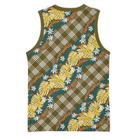 Polynesian Monstera Tiare Floral Basketball Jersey Yellow Tropical Plaid - Polynesian Pride