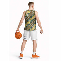 Polynesian Monstera Tiare Floral Basketball Jersey Yellow Tropical Plaid - Polynesian Pride