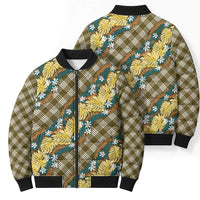 Polynesian Monstera Tiare Floral Bomber Puffer Jacket Yellow Tropical Plaid - Polynesian Pride