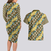 Polynesian Monstera Tiare Floral Couples Matching Long Sleeve Bodycon Dress and Hawaiian Shirt Yellow Tropical Plaid - Polynesian Pride