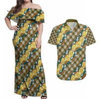 Polynesian Monstera Tiare Floral Couples Matching Off Shoulder Maxi Dress and Hawaiian Shirt Yellow Tropical Plaid - Polynesian Pride