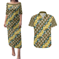 Polynesian Monstera Tiare Floral Couples Matching Puletasi and Hawaiian Shirt Yellow Tropical Plaid - Polynesian Pride