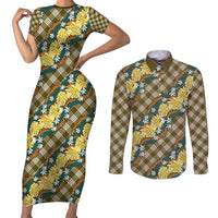 Polynesian Monstera Tiare Floral Couples Matching Short Sleeve Bodycon Dress and Long Sleeve Button Shirt Yellow Tropical Plaid - Polynesian Pride