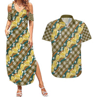 Polynesian Monstera Tiare Floral Couples Matching Summer Maxi Dress and Hawaiian Shirt Yellow Tropical Plaid - Polynesian Pride