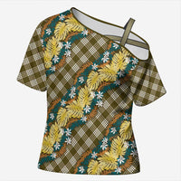 Polynesian Monstera Tiare Floral Cross Shoulder Shirt Yellow Tropical Plaid - Polynesian Pride