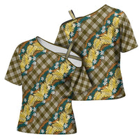 Polynesian Monstera Tiare Floral Cross Shoulder Shirt Yellow Tropical Plaid - Polynesian Pride