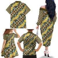 Polynesian Monstera Tiare Floral Family Matching Off The Shoulder Long Sleeve Dress and Hawaiian Shirt Yellow Tropical Plaid - Polynesian Pride