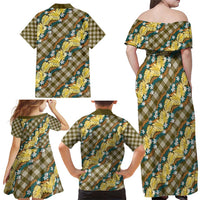 Polynesian Monstera Tiare Floral Family Matching Off Shoulder Maxi Dress and Hawaiian Shirt Yellow Tropical Plaid - Polynesian Pride