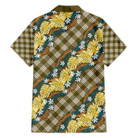 Polynesian Monstera Tiare Floral Family Matching Off Shoulder Short Dress and Hawaiian Shirt Yellow Tropical Plaid - Polynesian Pride
