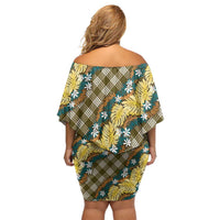 Polynesian Monstera Tiare Floral Family Matching Off Shoulder Short Dress and Hawaiian Shirt Yellow Tropical Plaid - Polynesian Pride