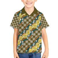 Polynesian Monstera Tiare Floral Family Matching Puletasi and Hawaiian Shirt Yellow Tropical Plaid - Polynesian Pride