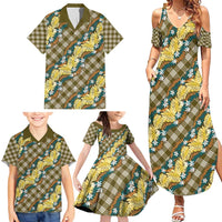 Polynesian Monstera Tiare Floral Family Matching Summer Maxi Dress and Hawaiian Shirt Yellow Tropical Plaid - Polynesian Pride