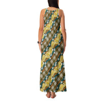 Polynesian Monstera Tiare Floral Family Matching Tank Maxi Dress and Hawaiian Shirt Yellow Tropical Plaid - Polynesian Pride