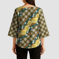 Polynesian Monstera Tiare Floral Kimono Sleeve Blouse Yellow Tropical Plaid - Polynesian Pride