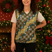 Polynesian Monstera Tiare Floral Christmas Knitted V-Neck Vest Yellow Tropical Plaid - Polynesian Pride