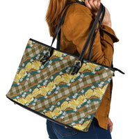 Polynesian Monstera Tiare Floral Leather Tote Bag Yellow Tropical Plaid - Polynesian Pride