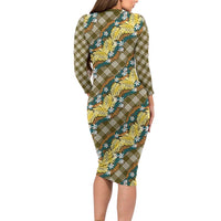 Polynesian Monstera Tiare Floral Long Sleeve Bodycon Dress Yellow Tropical Plaid - Polynesian Pride