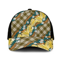 Polynesian Monstera Tiare Floral Mesh Trucker Cap Yellow Tropical Plaid - Polynesian Pride