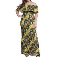 Polynesian Monstera Tiare Floral Off Shoulder Maxi Dress Yellow Tropical Plaid - Polynesian Pride