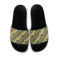 Polynesian Monstera Tiare Floral Slide Sandals Yellow Tropical Plaid - Polynesian Pride