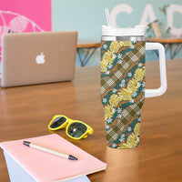 Polynesian Monstera Tiare Floral Tumbler With Handle Yellow Tropical Plaid - Polynesian Pride