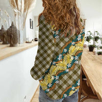 Polynesian Monstera Tiare Floral Women Casual Shirt Yellow Tropical Plaid - Polynesian Pride