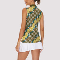 Polynesian Monstera Tiare Floral Women Sleeveless Polo Shirt Yellow Tropical Plaid - Polynesian Pride