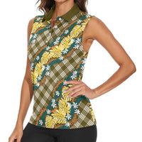 Polynesian Monstera Tiare Floral Women Sleeveless Polo Shirt Yellow Tropical Plaid - Polynesian Pride