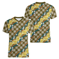 Polynesian Monstera Tiare Floral Women V-Neck T-Shirt Yellow Tropical Plaid - Polynesian Pride