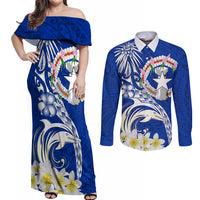 Northern Mariana Islands Commonwealth Day 2024 Couples Matching Off Shoulder Maxi Dress and Long Sleeve Button Shirt Dolphin With Plumeria Flower LT01 Blue - Polynesian Pride