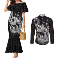 Hawaii Mermaid Monotone Couples Matching Mermaid Dress and Long Sleeve Button Shirt Polynesian Pattern Fish Hook