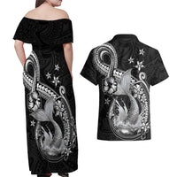 Hawaii Mermaid Monotone Couples Matching Off Shoulder Maxi Dress and Hawaiian Shirt Polynesian Pattern Fish Hook