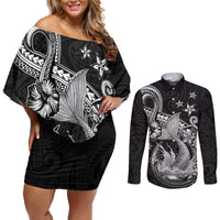Hawaii Mermaid Monotone Couples Matching Off Shoulder Short Dress and Long Sleeve Button Shirt Polynesian Pattern Fish Hook
