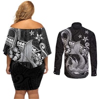 Hawaii Mermaid Monotone Couples Matching Off Shoulder Short Dress and Long Sleeve Button Shirt Polynesian Pattern Fish Hook