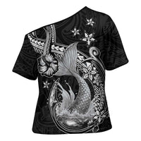 Hawaii Mermaid Monotone Cross Shoulder Shirt Polynesian Pattern Fish Hook