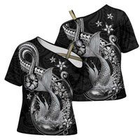 Hawaii Mermaid Monotone Cross Shoulder Shirt Polynesian Pattern Fish Hook