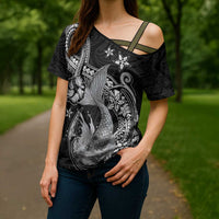 Hawaii Mermaid Monotone Cross Shoulder Shirt Polynesian Pattern Fish Hook