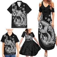 Hawaii Mermaid Monotone Family Matching Summer Maxi Dress and Hawaiian Shirt Polynesian Pattern Fish Hook