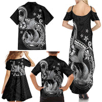 Hawaii Mermaid Monotone Family Matching Summer Maxi Dress and Hawaiian Shirt Polynesian Pattern Fish Hook