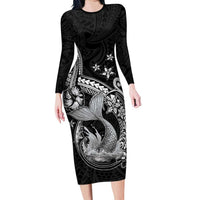 Hawaii Mermaid Monotone Long Sleeve Bodycon Dress Polynesian Pattern Fish Hook