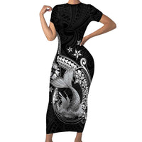 Hawaii Mermaid Monotone Short Sleeve Bodycon Dress Polynesian Pattern Fish Hook