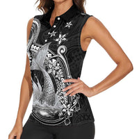 Hawaii Mermaid Monotone Women Sleeveless Polo Shirt Polynesian Pattern Fish Hook