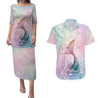 Hawaii Mermaid Sweet Pastel Couples Matching Puletasi and Hawaiian Shirt Polynesian Pattern Fish Hook