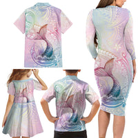 Hawaii Mermaid Sweet Pastel Family Matching Long Sleeve Bodycon Dress and Hawaiian Shirt Polynesian Pattern Fish Hook
