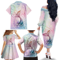 Hawaii Mermaid Sweet Pastel Family Matching Off The Shoulder Long Sleeve Dress and Hawaiian Shirt Polynesian Pattern Fish Hook