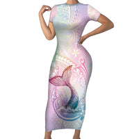 Hawaii Mermaid Sweet Pastel Short Sleeve Bodycon Dress Polynesian Pattern Fish Hook