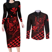Personalized King Kamehameha Day Couples Matching Long Sleeve Bodycon Dress and Long Sleeve Button Shirt Kakau Polynesian Pattern